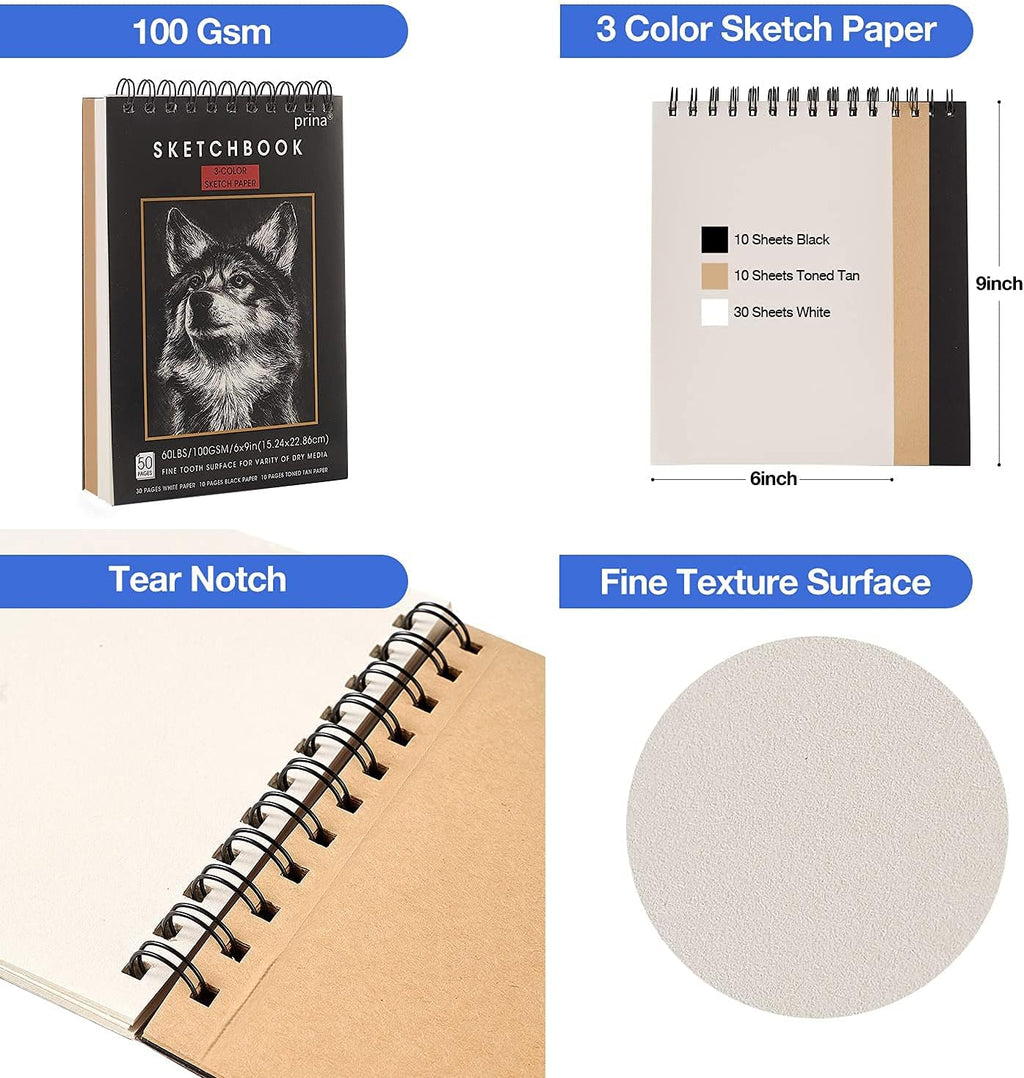 50 Pack Drawing Set Sketch Kit, Sketching Supplies with 3-Color Sketchbook, Graphite, and Charcoal Pencils, Pro Art