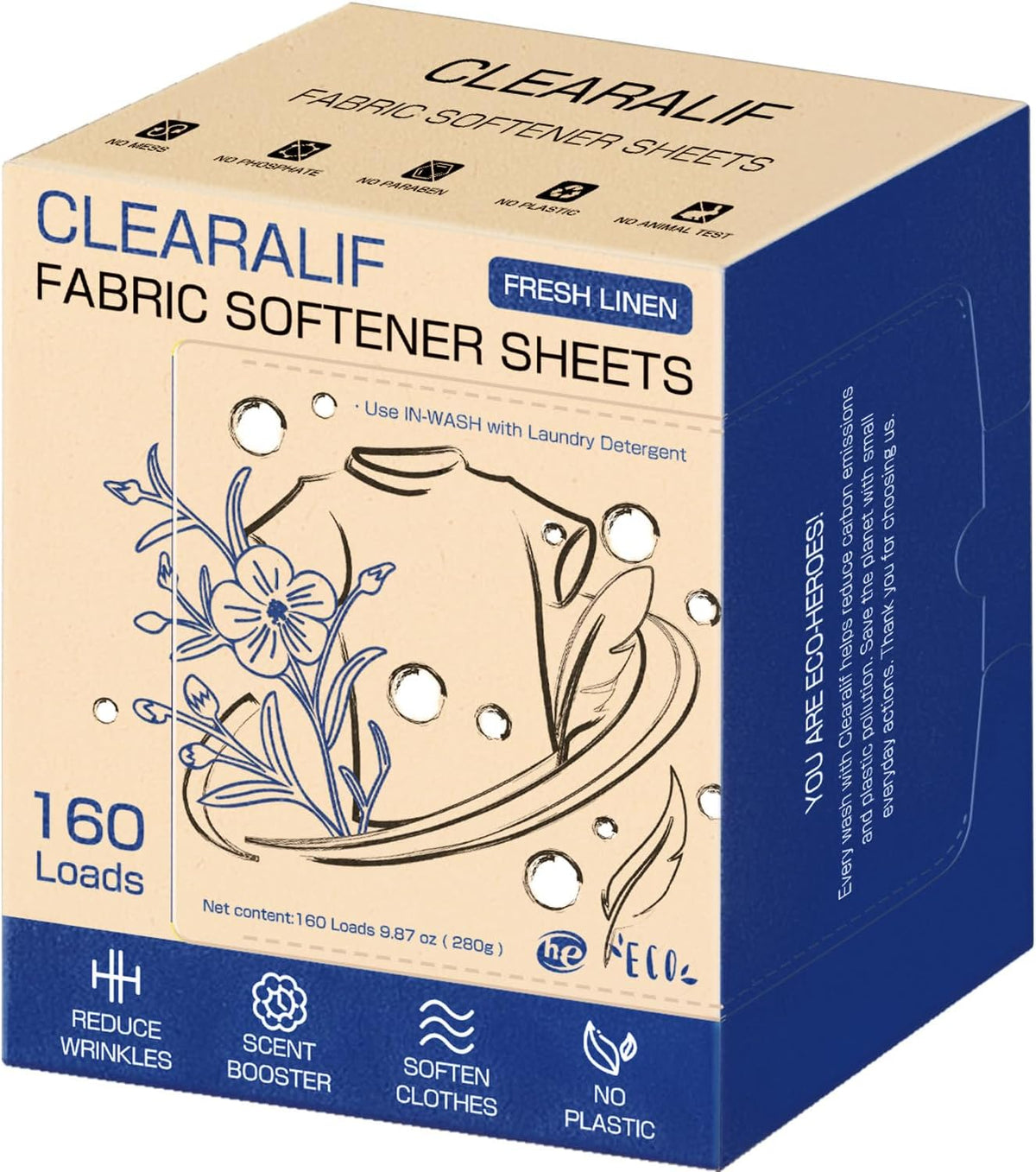 Liquidless Fabric Softener Sheets, Fresh Linen Scent, 160 Loads