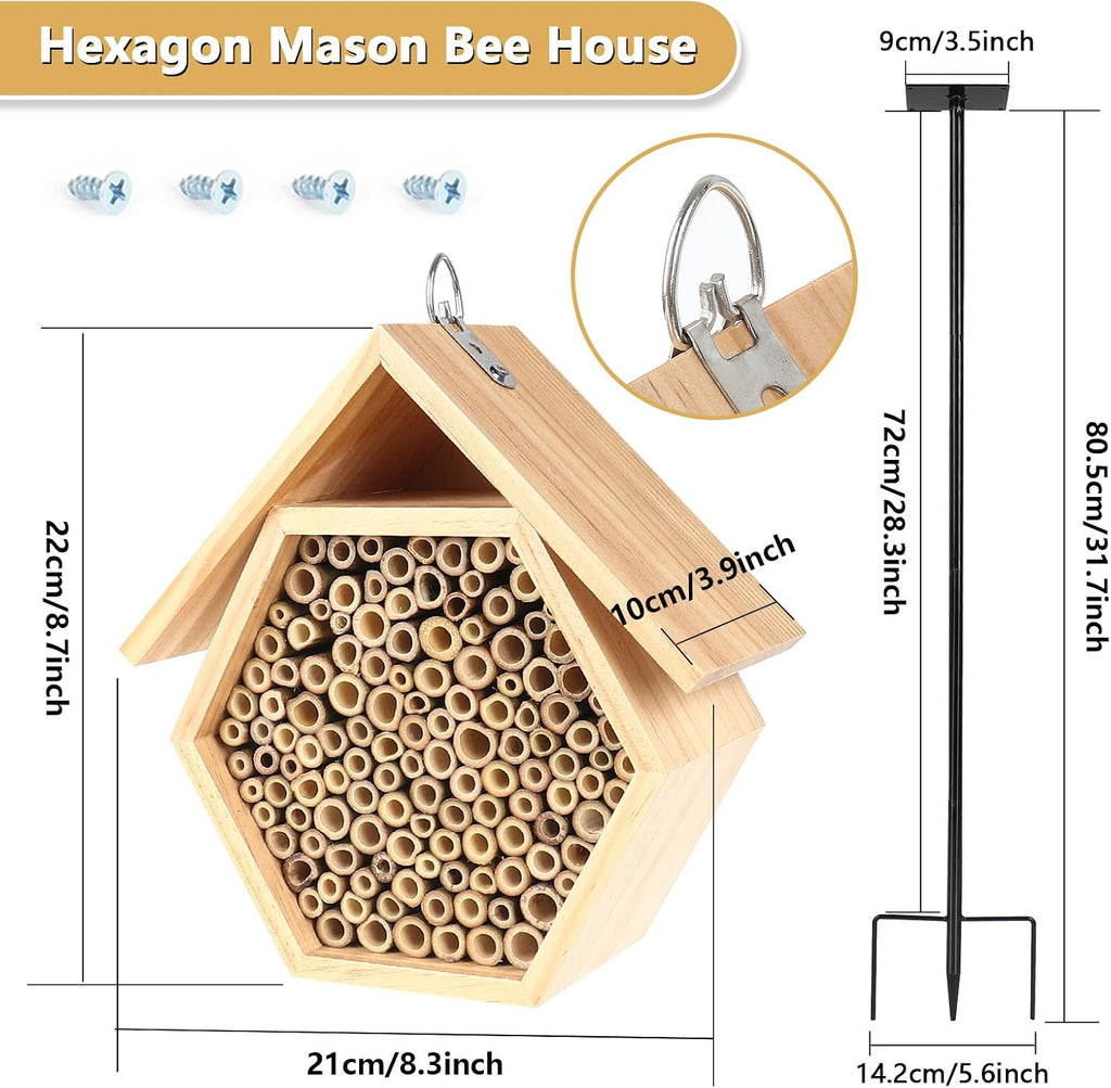Mason Bee House for Garden,Natural Wooden Bee Hive with Metal Ground Stake