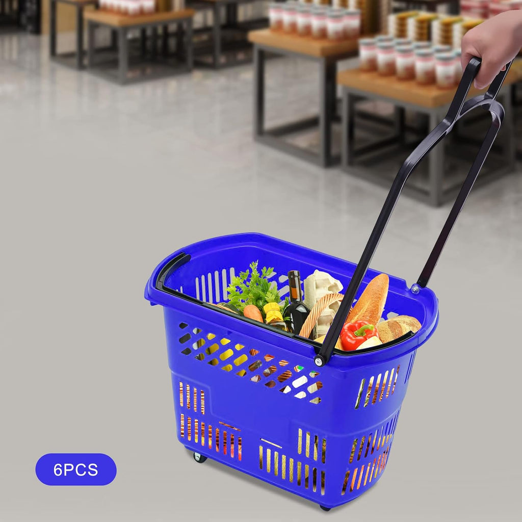 35L 6PCS Shopping Carts with Handles & Wheels, Portable Plastic Rolling Shopping Basket Set for Supermarkets and
