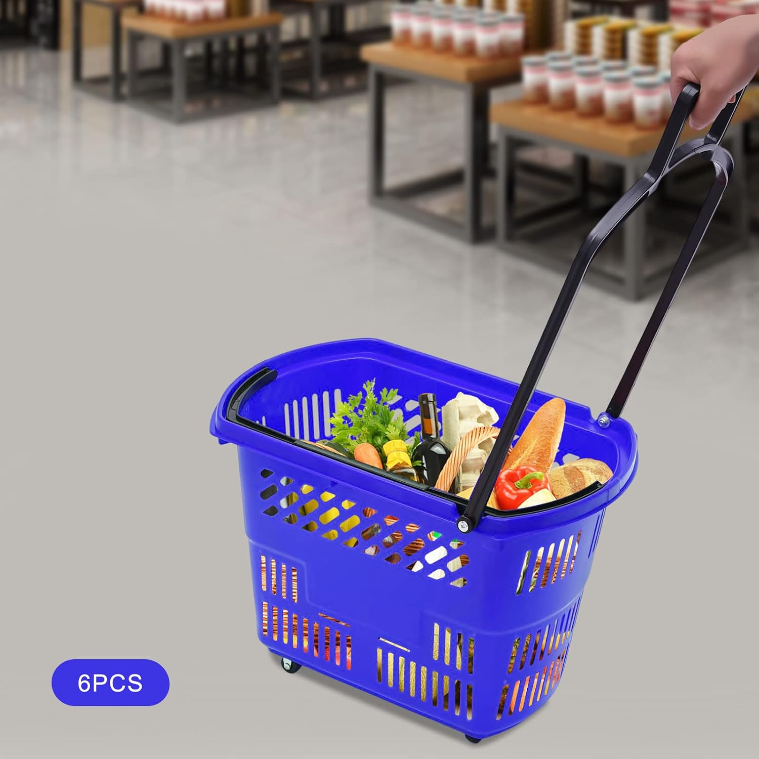 35L 6PCS Shopping Carts with Handles & Wheels, Portable Plastic Rolling Shopping Basket Set for Supermarkets and