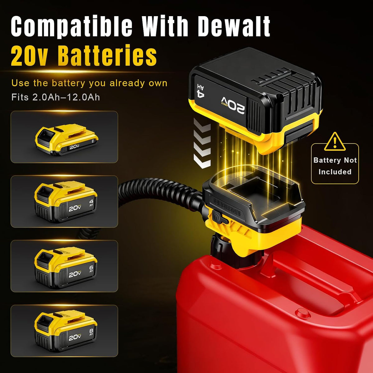 Fuel Transfer Pump for DeWalt 20V Batteries, Cordless 4.7 GPM Flow
