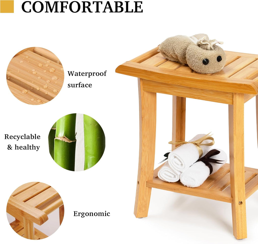 Bamboo Shower Bench Inside Shower Stool with Storage Shelf, Spa Bath Chair for Bathroom, Seat or Organizer for Living
