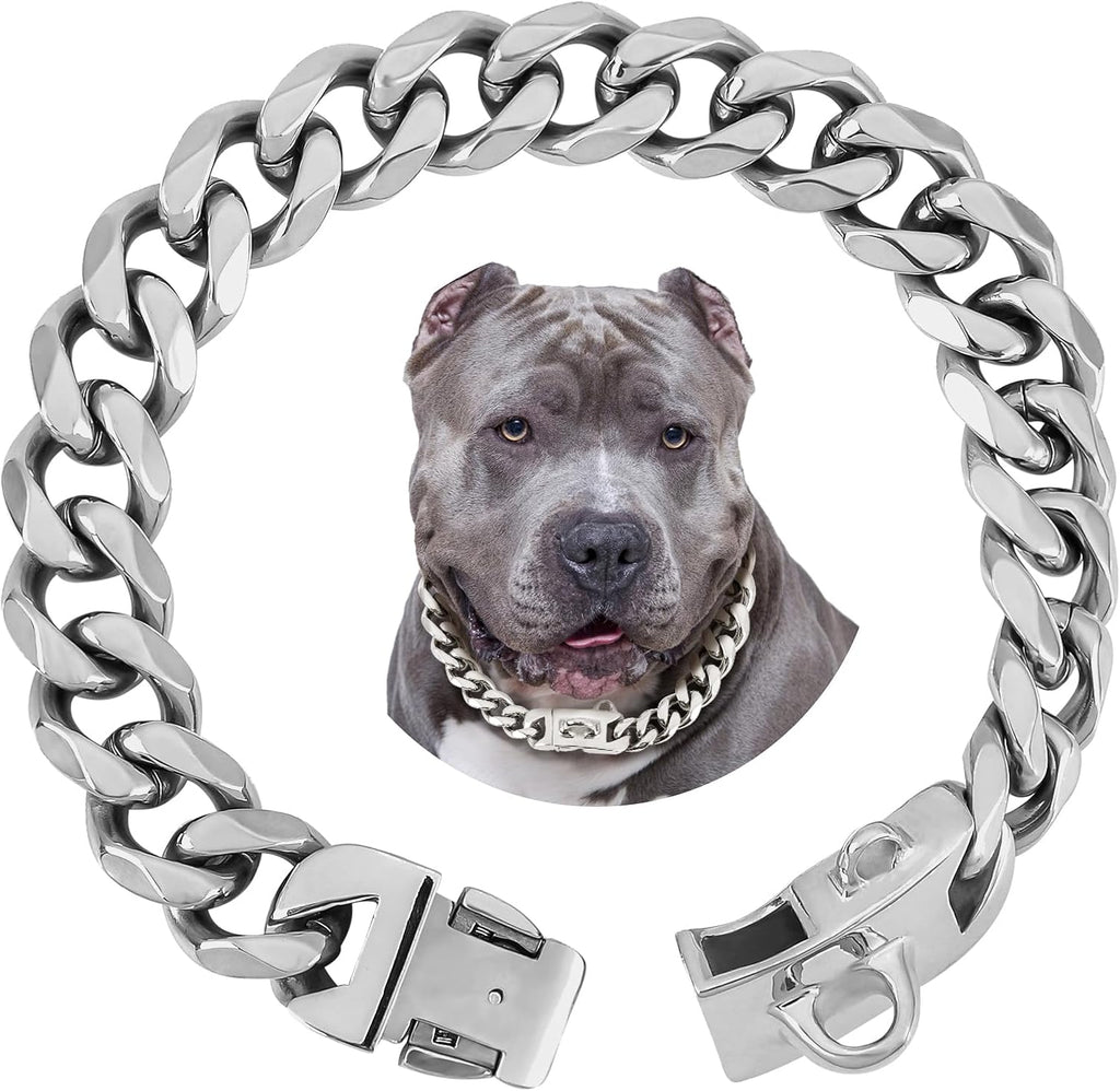 19mm Silver Chain Dog Collar, Luxurious Cuban Link Dog Collar