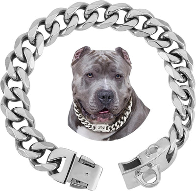 19mm Silver Chain Dog Collar, Luxurious Cuban Link Dog Collar