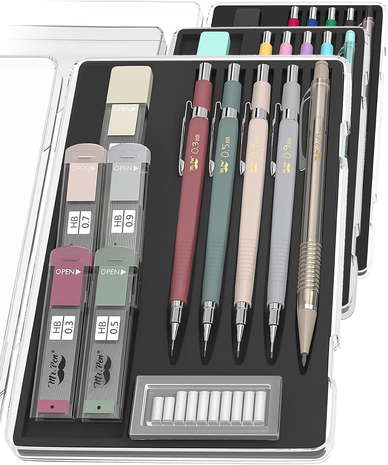 Art Mechanical Pencil Set, 5 Sizes (0.3, 0.5, 0.7, 0.9, 2.0mm) | 5 HB Lead Refills & 10 Eraser Refills, Precision