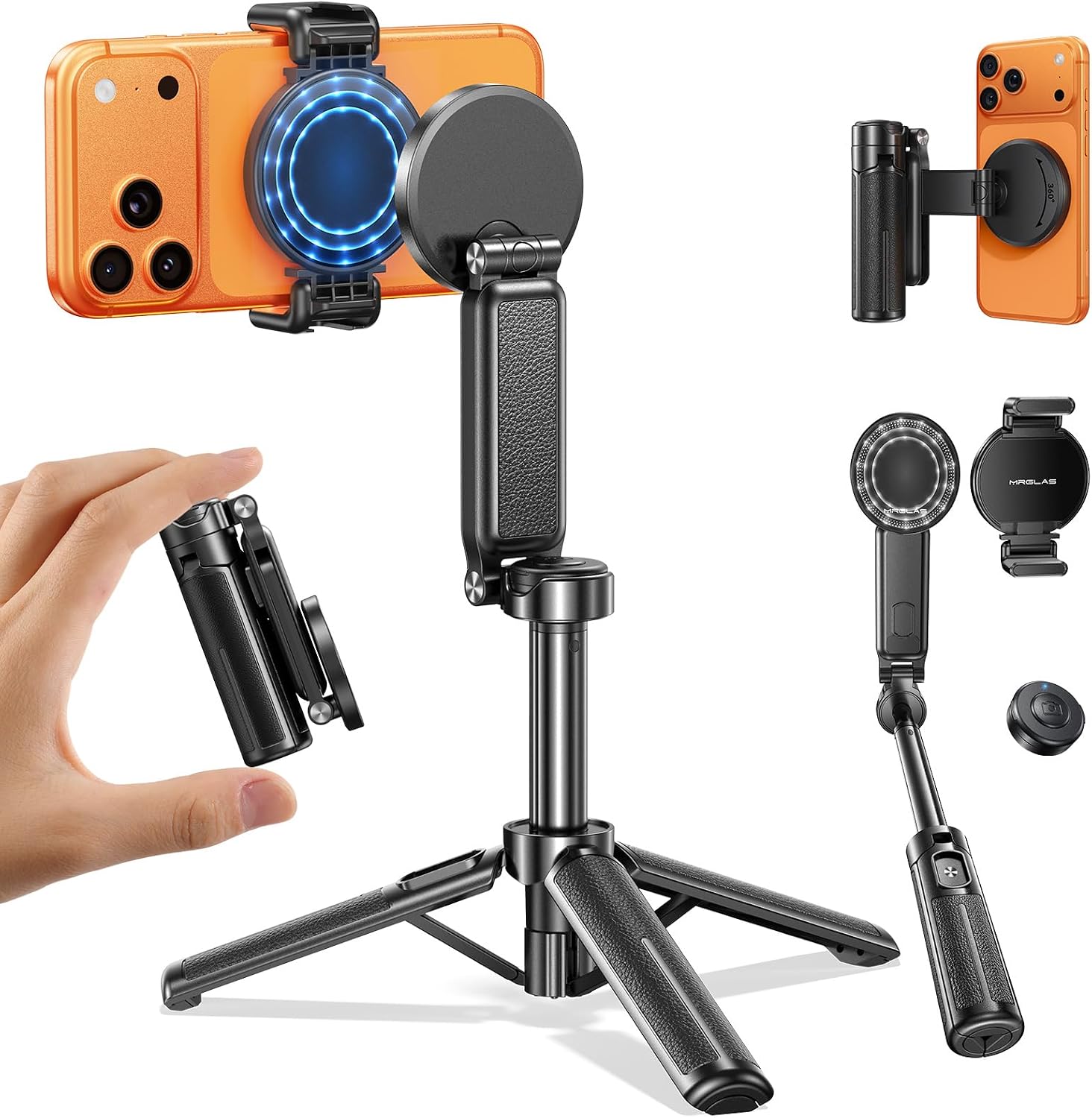 【Max 17"】 MRGLAS Magnetic Mini Tripod Selfie Stick for iPhone【4.5" Pocket】 | 【17" Max Extendable】4.5" Pocket Stand
