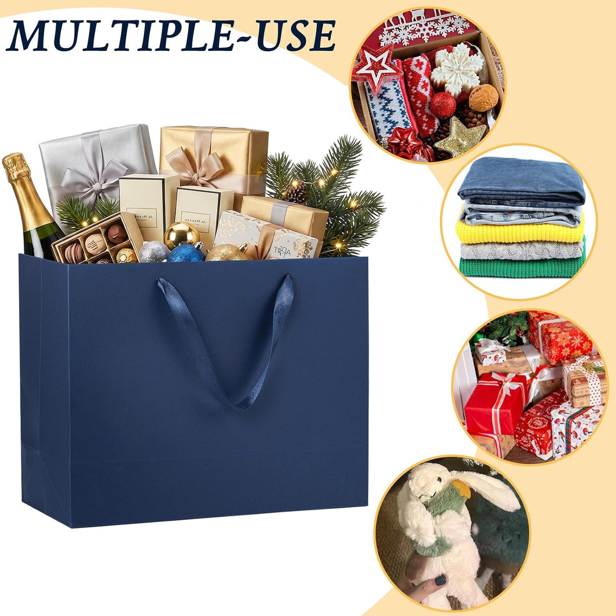 Navy Blue Gift Bags 12 Pack, 16x6x12 Inches Extra Large Paper Gift Bags with Ribbon Handles, Kraft Gift Wrap Bags for