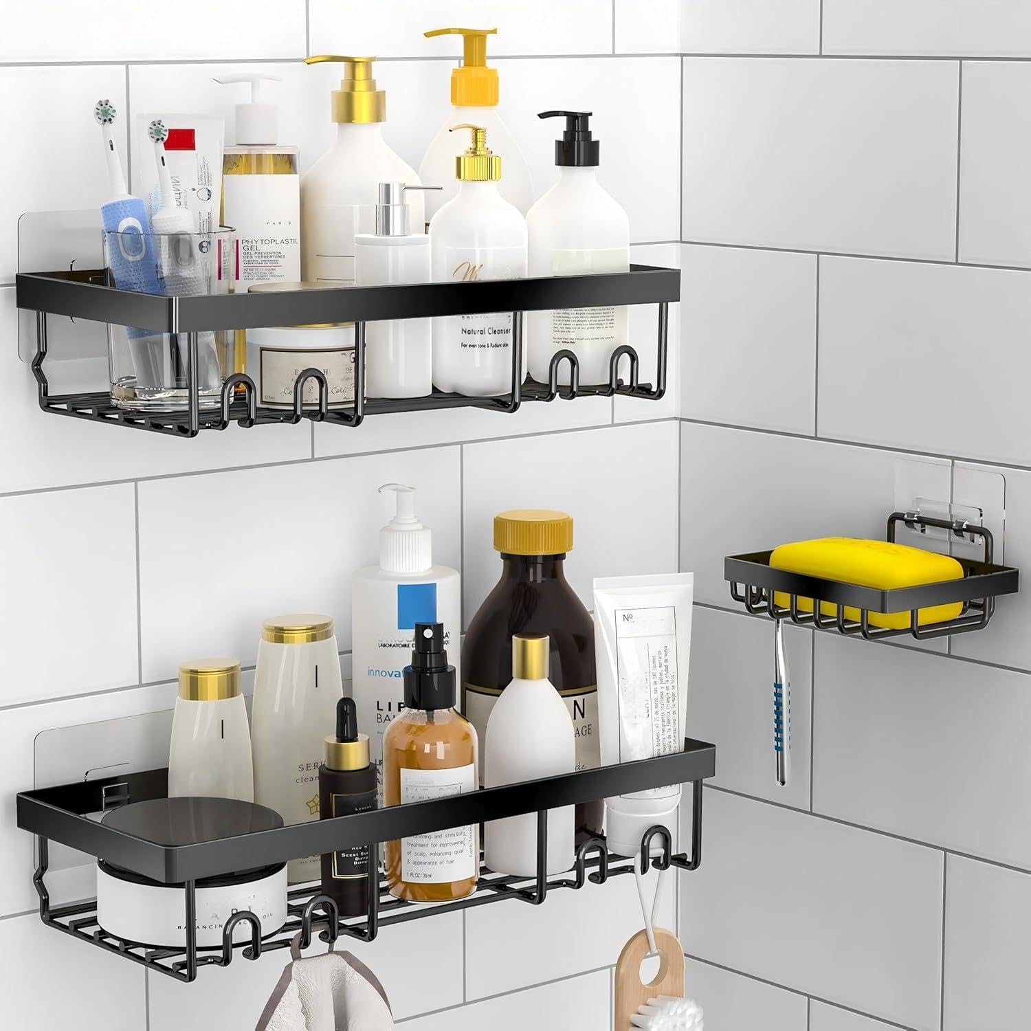 3-Pack Shower Caddy Basket Shelf with Soap Holder, No Drilling Traceless Adhesive Shower Wall Shelves, Rustproof