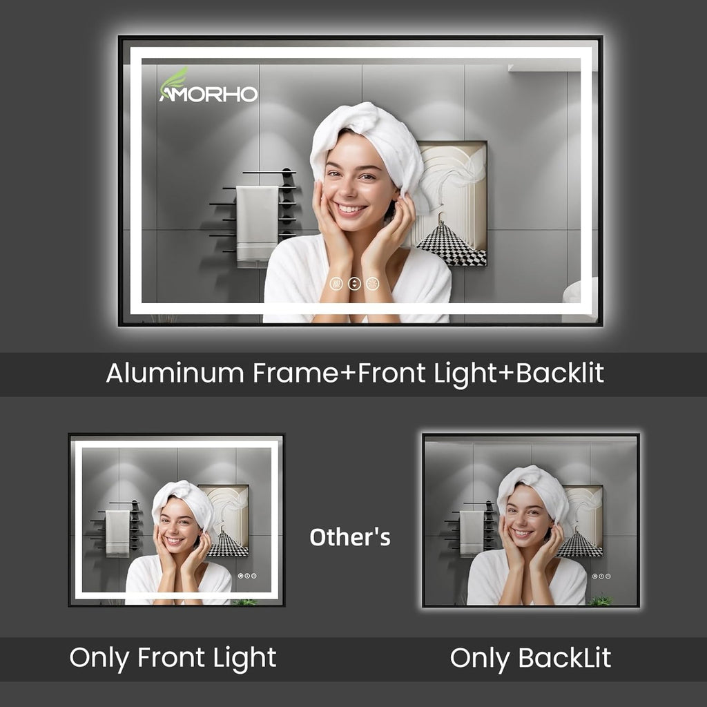 24"X32" LED Bathroom Mirror with Black Frame, Front Lit and Backlit | Metal Framed Mirror, Stepless Dimmable, HD