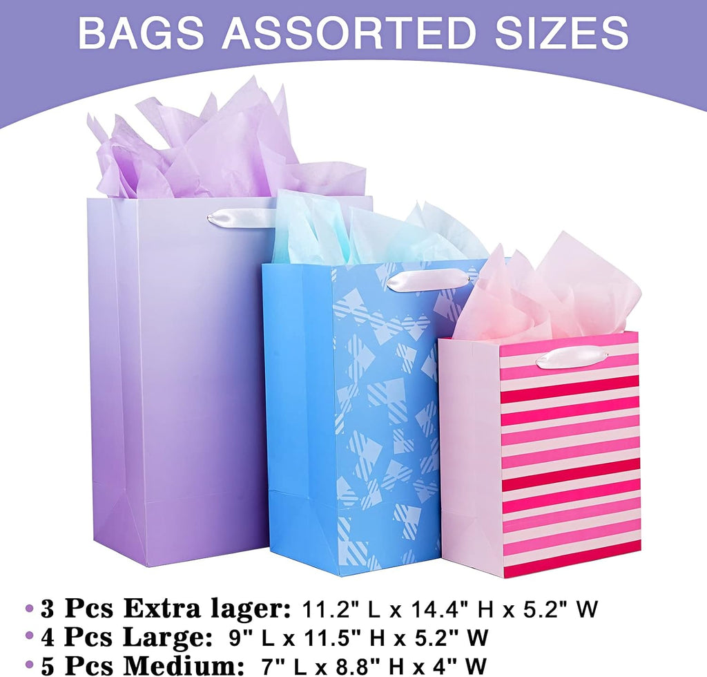 12 Pack Gift Bags Assorted Sizes and Designs with Tissue Paper