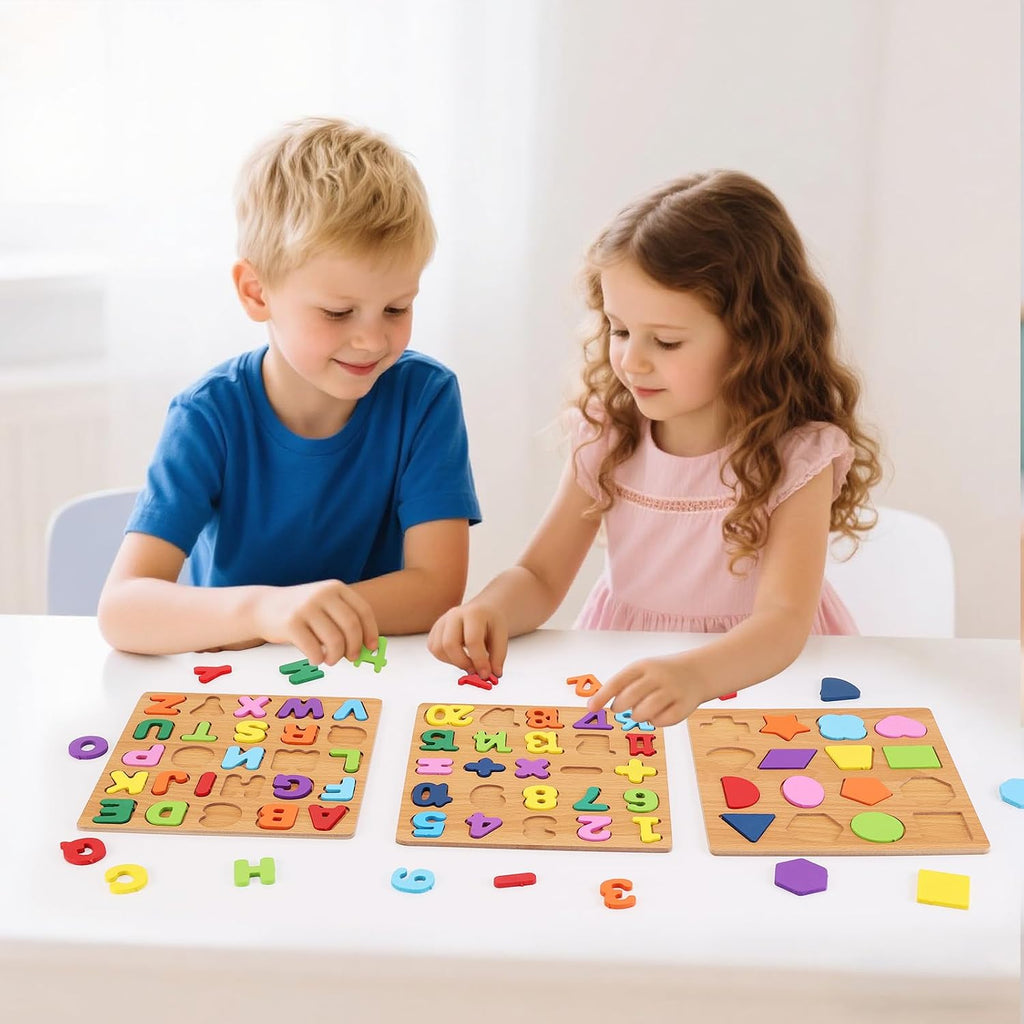 Alphabet Wooden Puzzles for Toddlers 3-5, Pack of 3 ABC, Number and Shape Puzzle, Preschool Educational Learning Toys