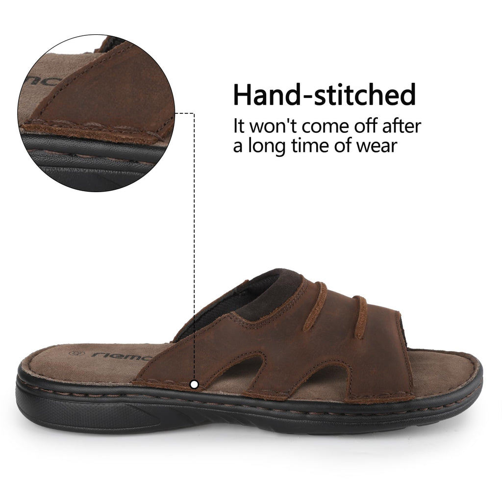 Men's Leather Slide Sandals, Mesh Lined, Memory Foam Brown US11/EU44