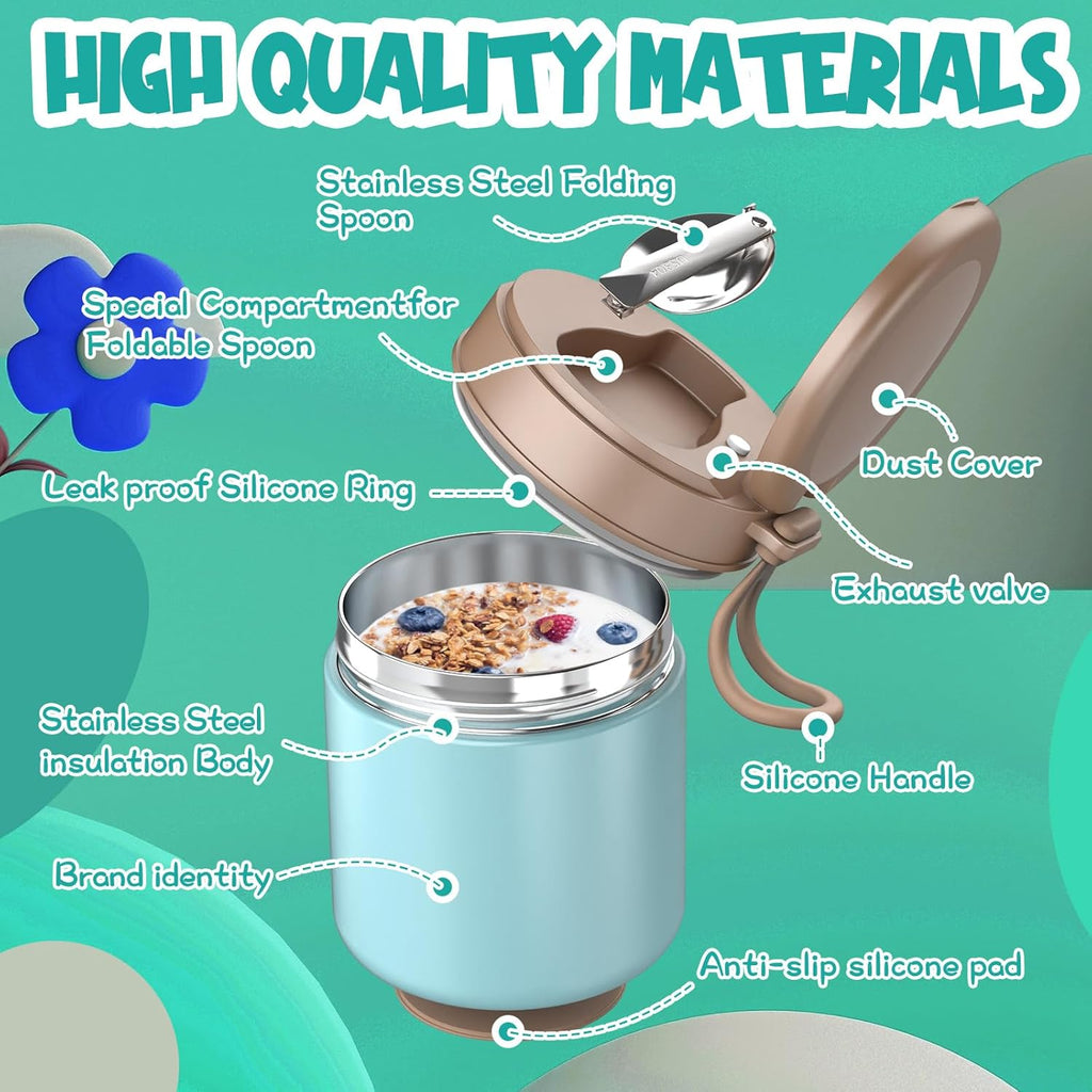 Thermo for Hot Food Kids - 15.2oz with Folding Spoon and Silicone handle | Leak Proof Insulated Food Jar, Soup
