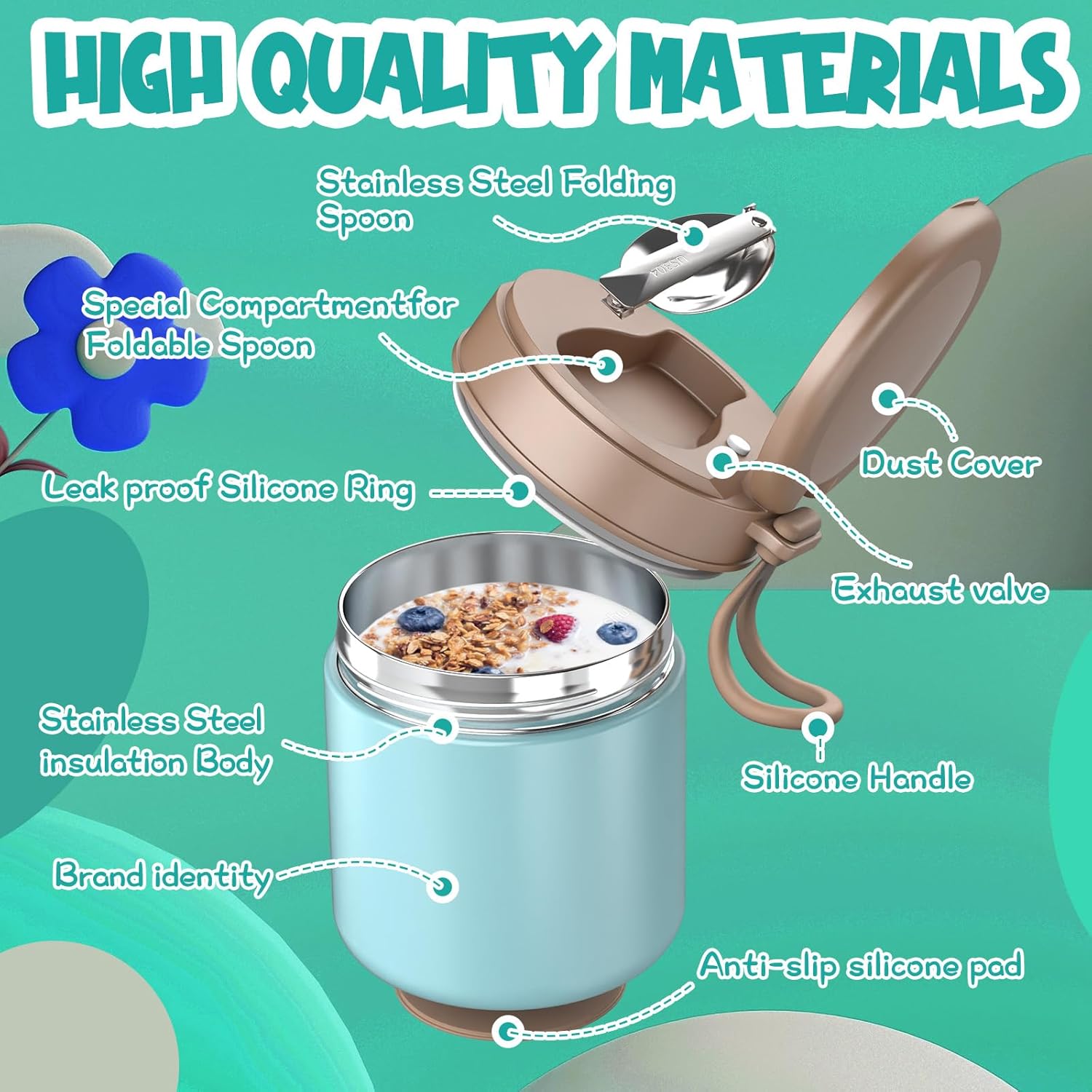 Thermo for Hot Food Kids - 15.2oz with Folding Spoon and Silicone handle | Leak Proof Insulated Food Jar, Soup