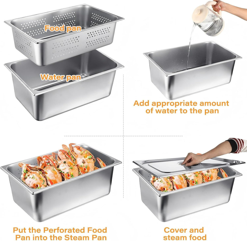 3 Pack Full Size Hotel Pan with Lid, 6 Inch, 8 Inch