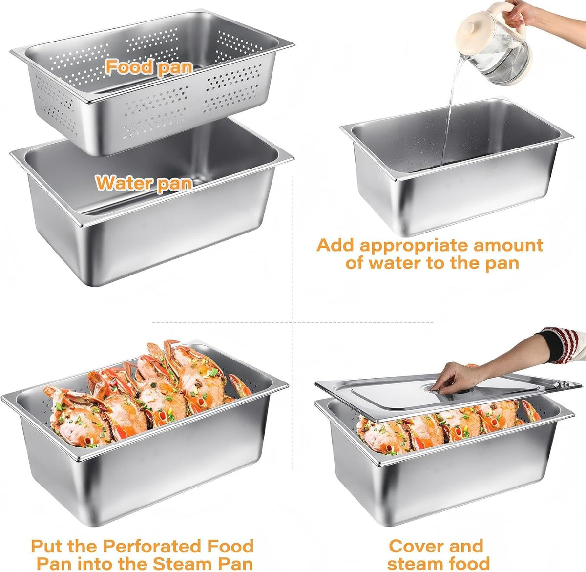 3 Pack Full Size Hotel Pan with Lid, 6 Inch, 8 Inch