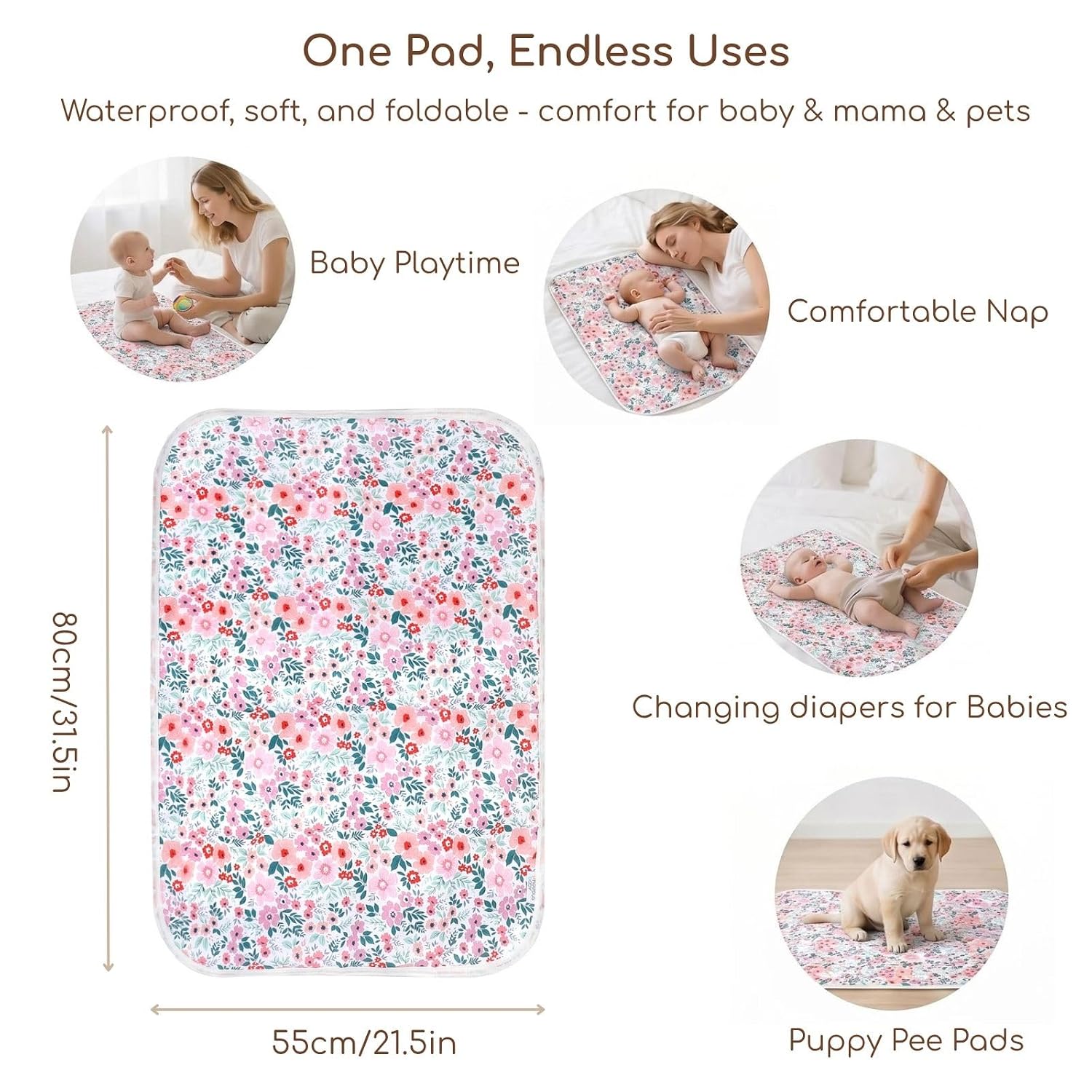 Baby Diaper Changing Pad, 21 5/8" x 31.5" Waterproof Changing Pad Liners - Reusable Soft and Absorbent Portable