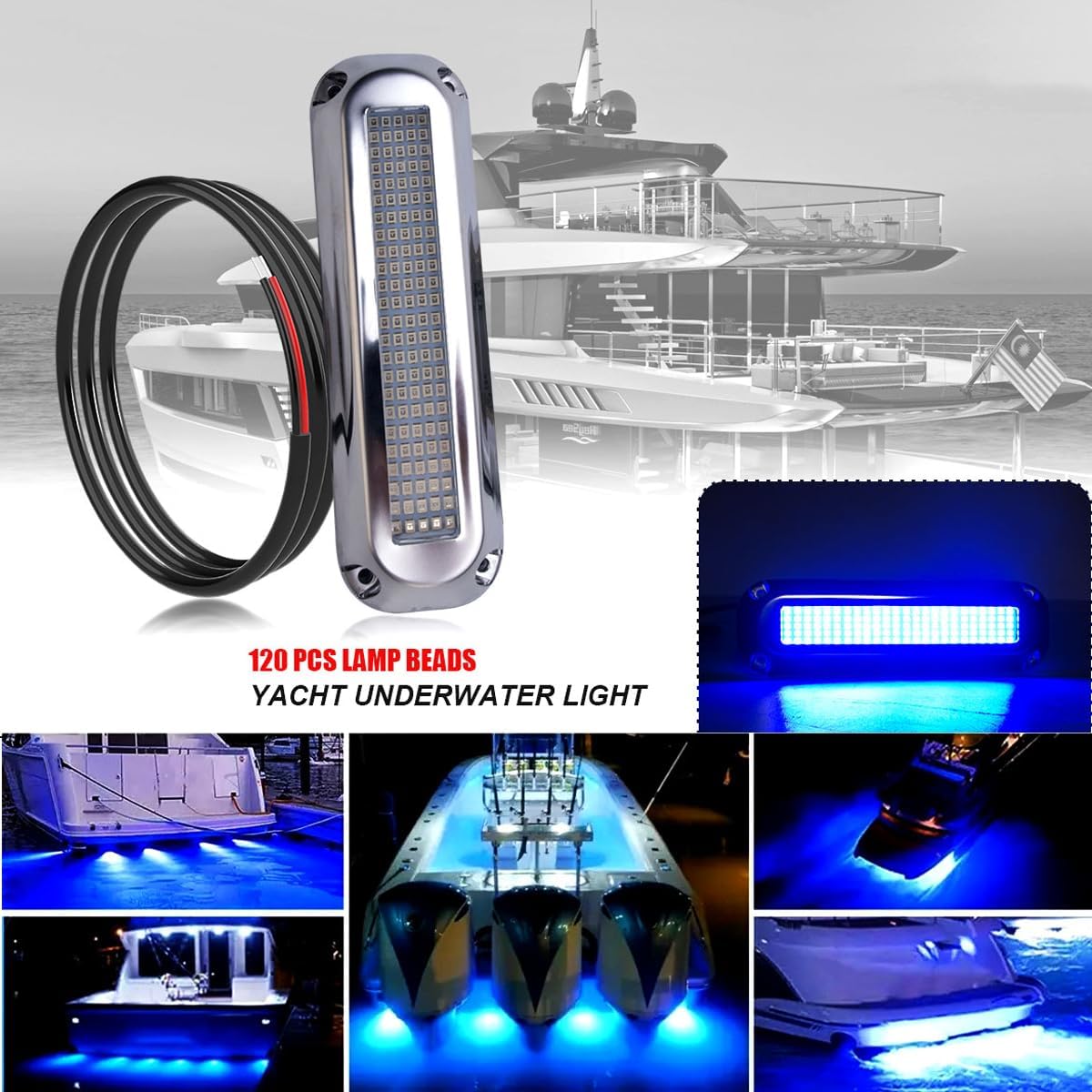 120led Underwater Boat Lights,Blue DC10-30V IP68 Surface Mount 2 Pack