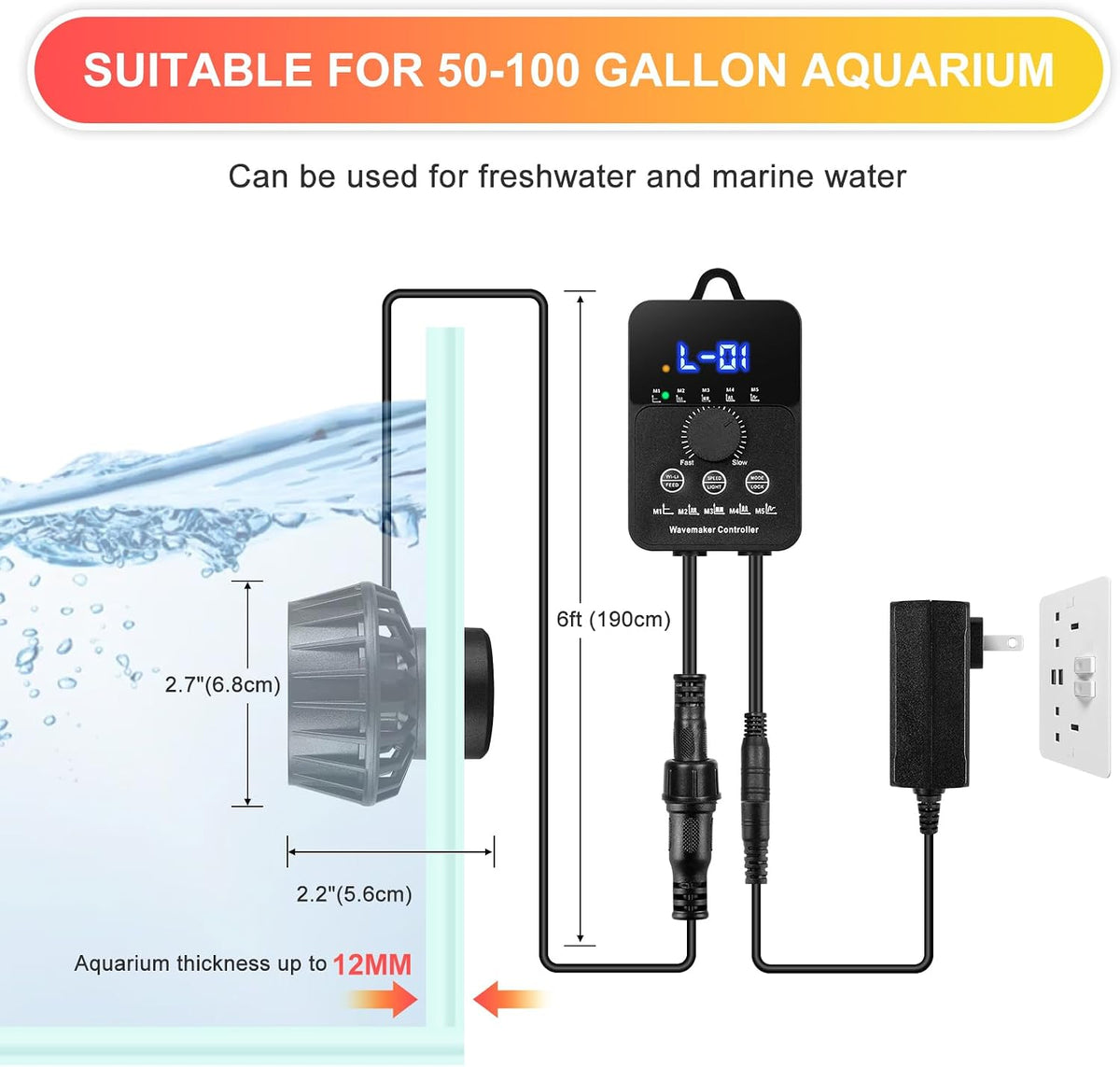 2100GPH Aquarium Wave Maker with Controller Mini DC 24V 12W Powerhead with Magnetic Mounting, Wavemaker with LED