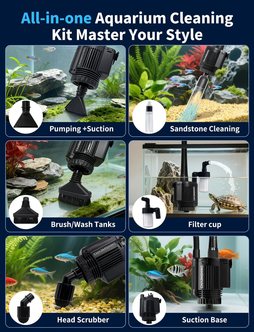 Gravel Vacuum for Aquarium, 6 in 1 Fish Tank Cleaner Tool Kit Electric Vacuum Gravel Cleaner for Aquarium Automatic