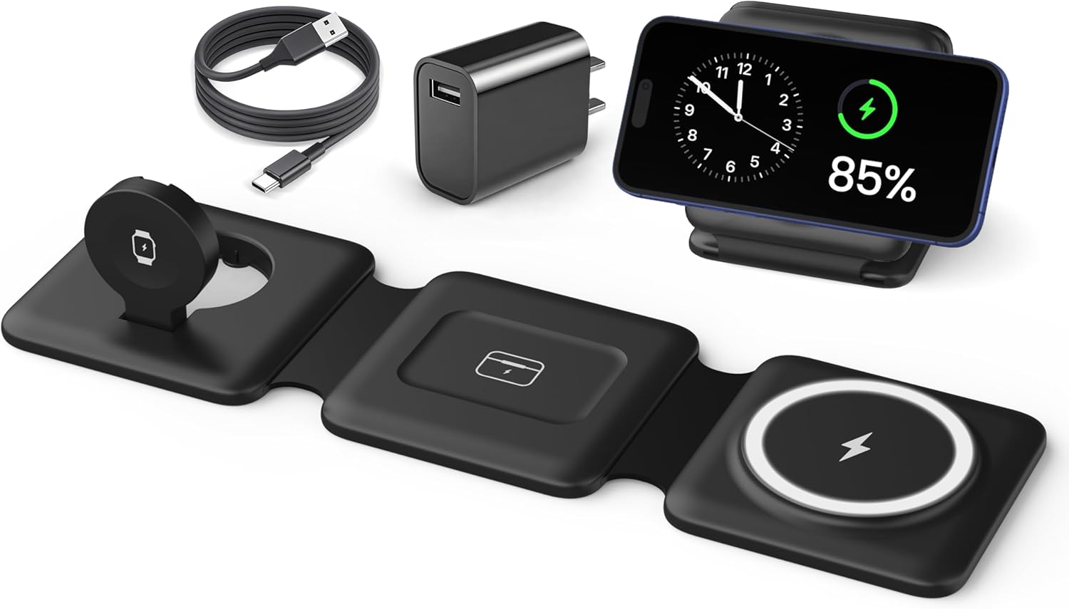 Magnetic Wireless Charger for iPhone: Fodable 3 in 1 Charging Station for Multiple Apple Devices - Travel Charging