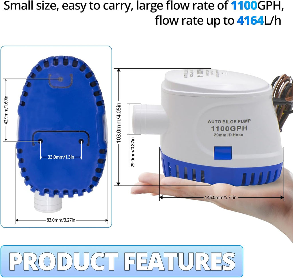 12V 1100GPH Bilge Pump with Float Switch