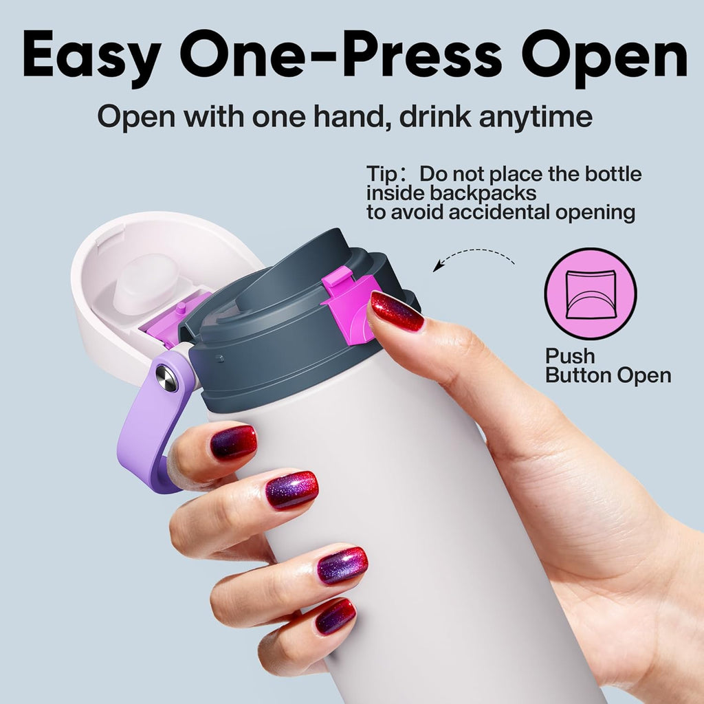 Insulated Water Bottle with Straw - Encool Stainless Steel Water Bottle with Push Button Lid, Leak-Proof & BPA-Free