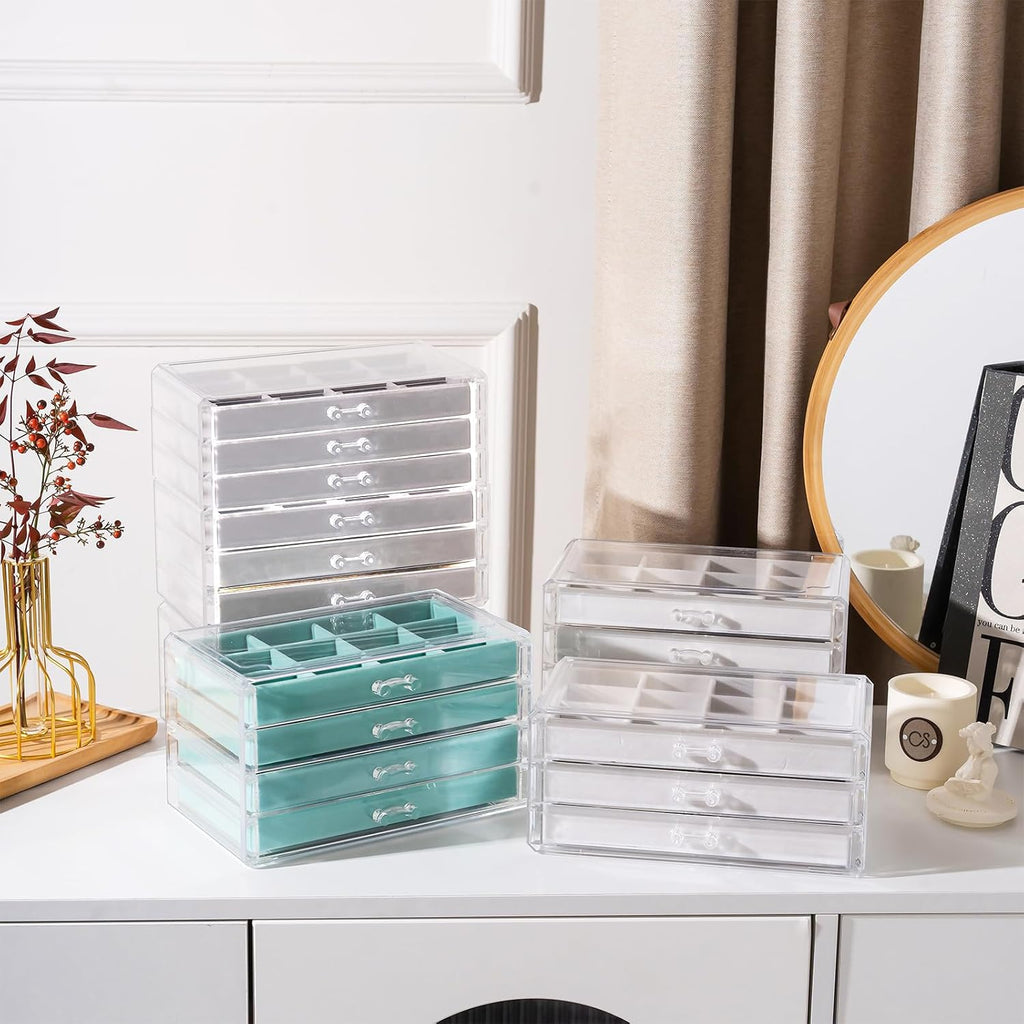 Earring Holder Organizer Box Jewelry Storage with 4 Drawers, Clear Acrylic Stackable Earring Case with Adjustable