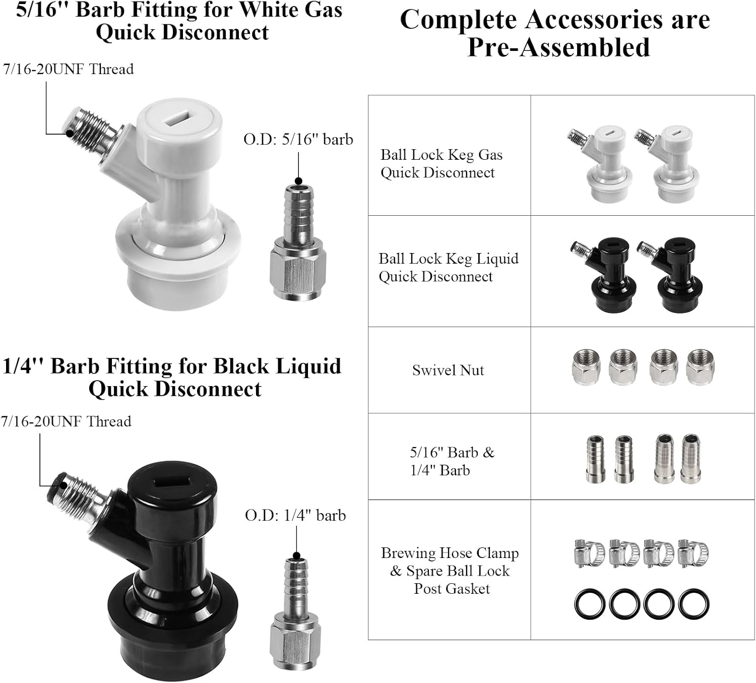 2 Pairs Ball Lock Quick Disconnect Set – Corny Keg Connectors for Homebrew | No Leakage, O.D 1/4" Beer Barb O.D 5/16"