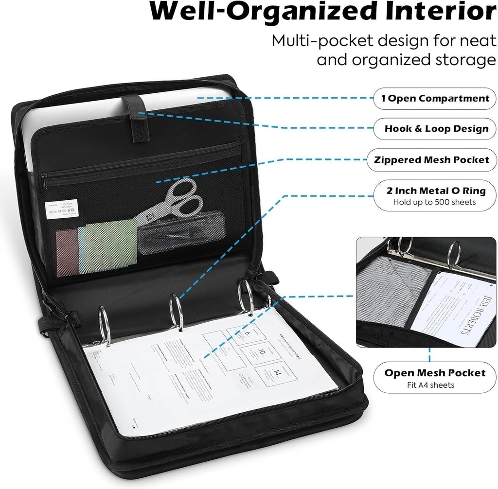 Zipper Binder, 2-Inch 3-Ring, 500 Sheets, 5-Tab File Folders, Black | 420D nylon with five dividers, multiple