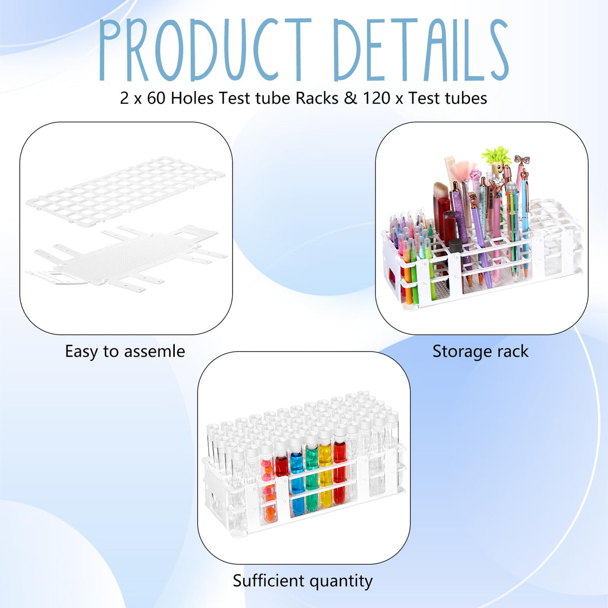 120 Pcs Plastic Test Tubes with Rack Set,White