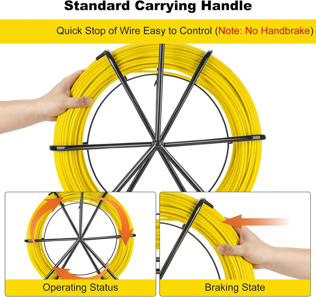 Fish Tape Fiberglass, 656ft (6mm x 200m) Duct Rodder Fish Tape Wire Puller with Steel Reel Stand, Heavy Duty Duct
