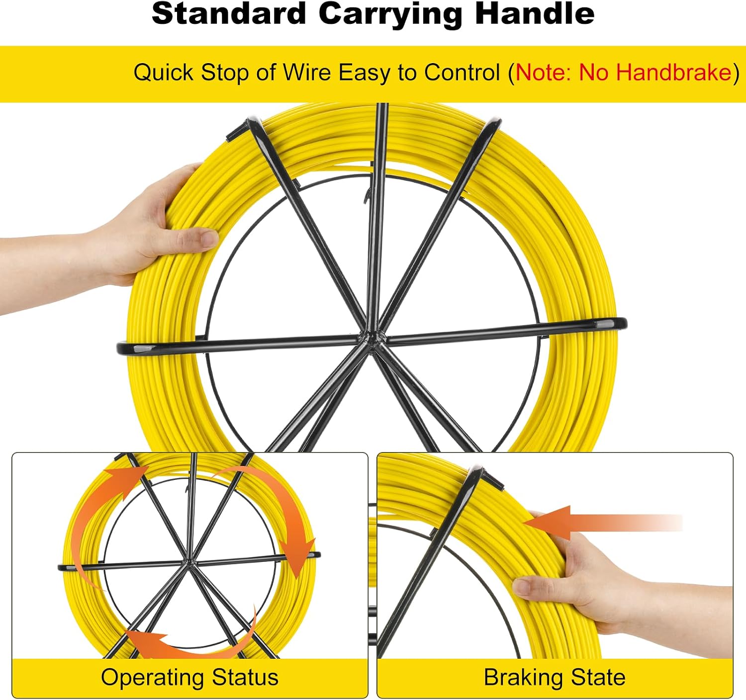 Fish Tape Fiberglass, 656ft (6mm x 200m) Duct Rodder Fish Tape Wire Puller with Steel Reel Stand, Heavy Duty Duct