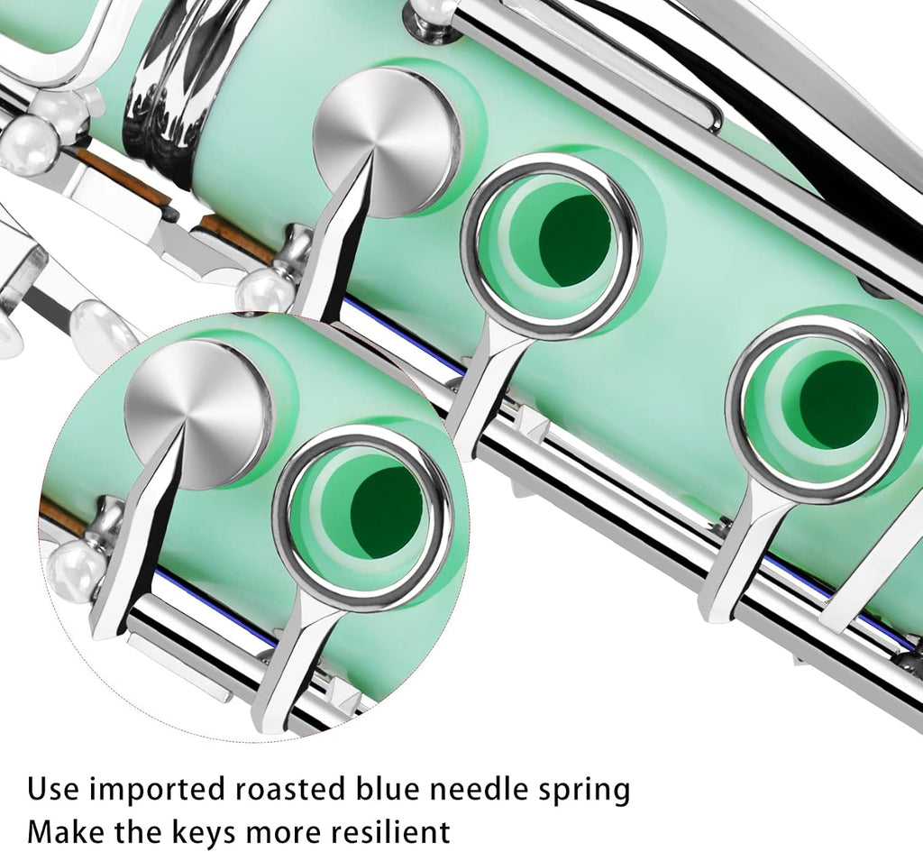 Clarinet Bb Flat 17 Nickel Keys Green Beginner Clarinet for Student with 2 Barrels Hard Clarine Cas and Cleaning Kit