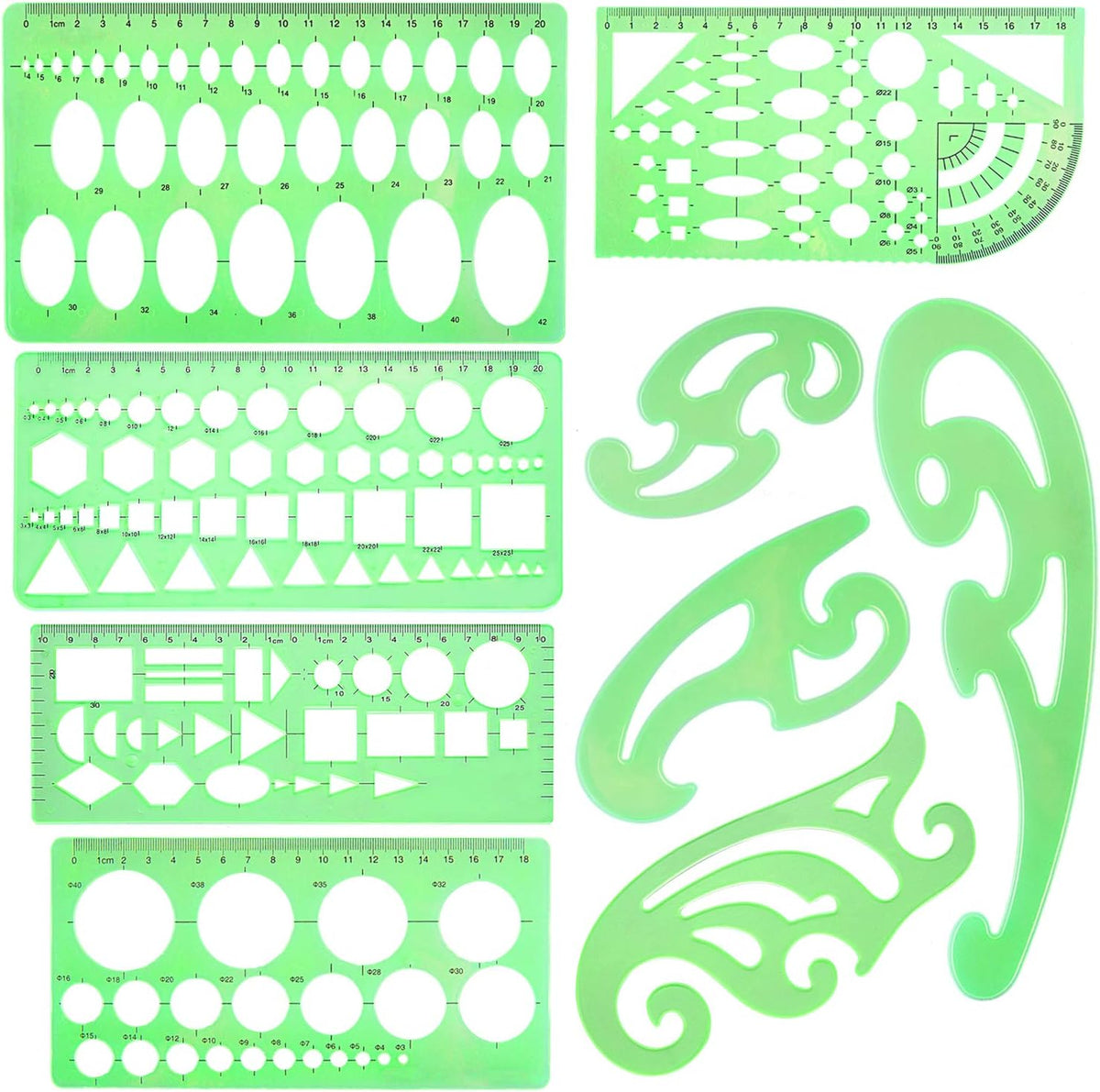 9 Pieces Drawings Templates French Curve Geometric Templates | Measuring Rulers Clear Green Plastic Rulers for