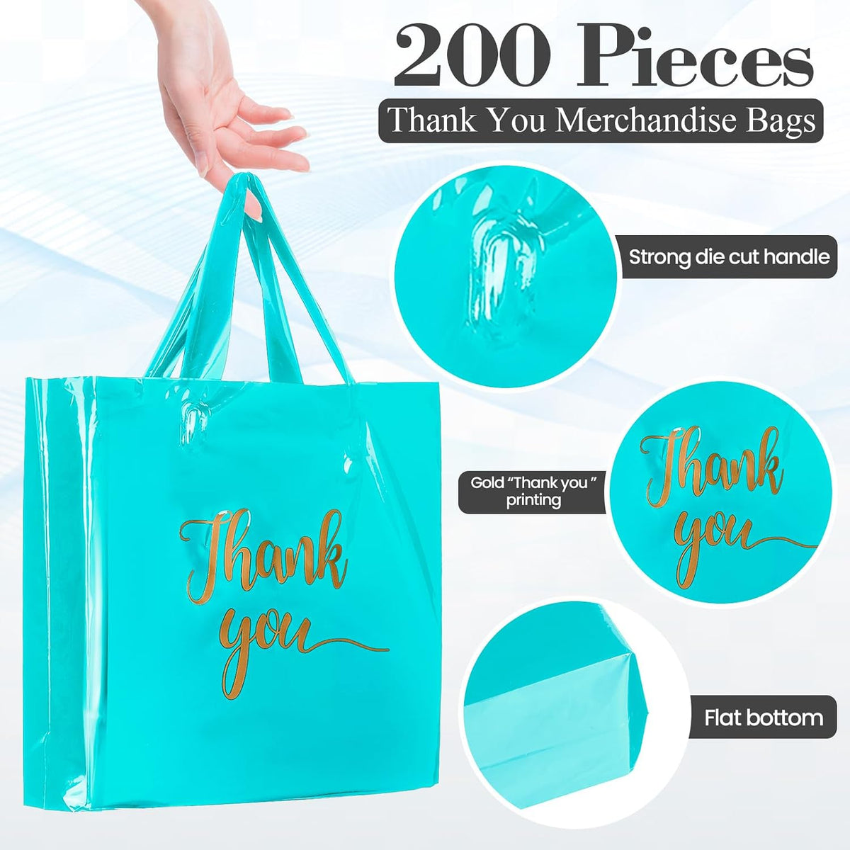 200 Pcs Thank You Shopping Bags with Handle,Sky Blue
