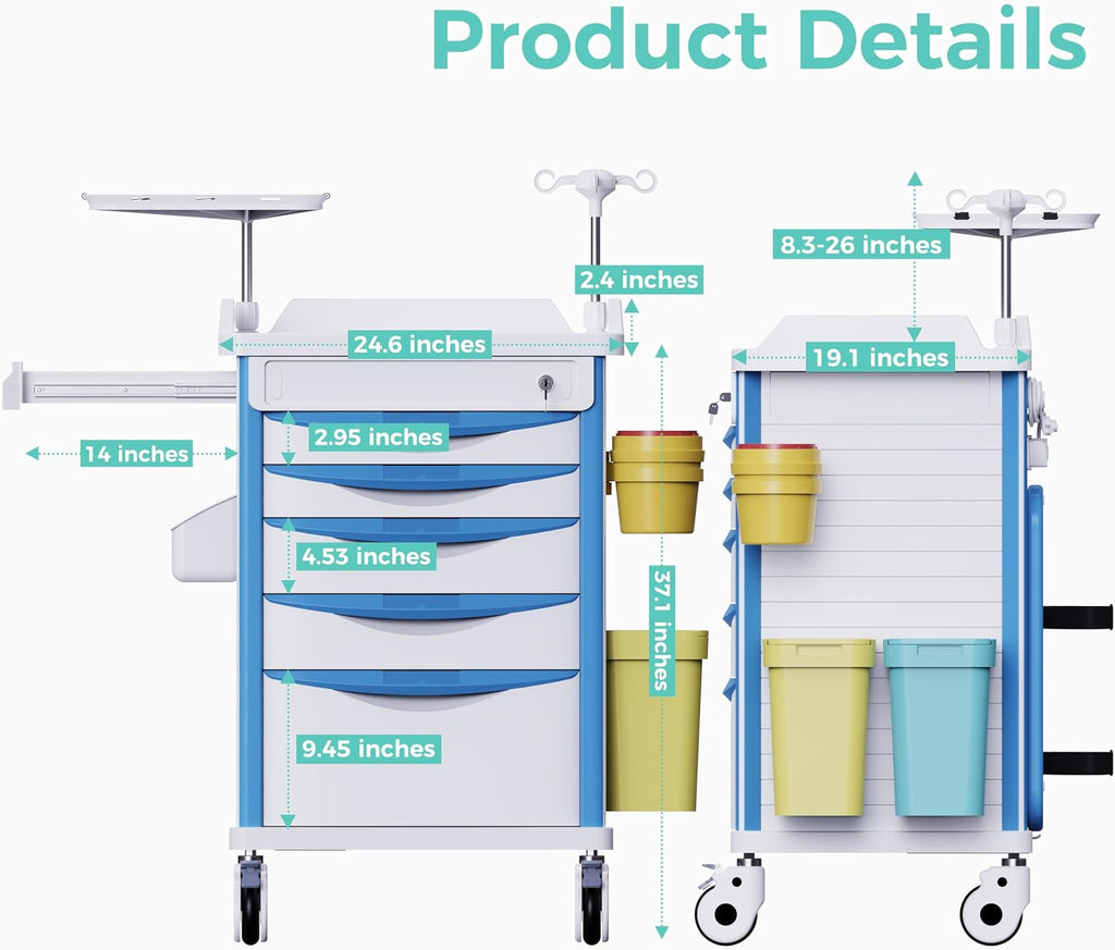 Adjustable Rolling Medical Storage Crash Cart-Includes Silent Casters | IV Pole, Needle Disposal Holder, Trash Bin &