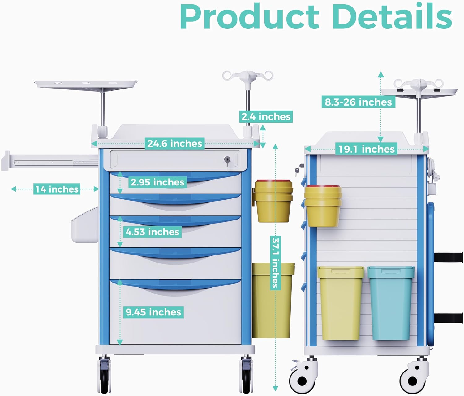 Adjustable Rolling Medical Storage Crash Cart-Includes Silent Casters | IV Pole, Needle Disposal Holder, Trash Bin &