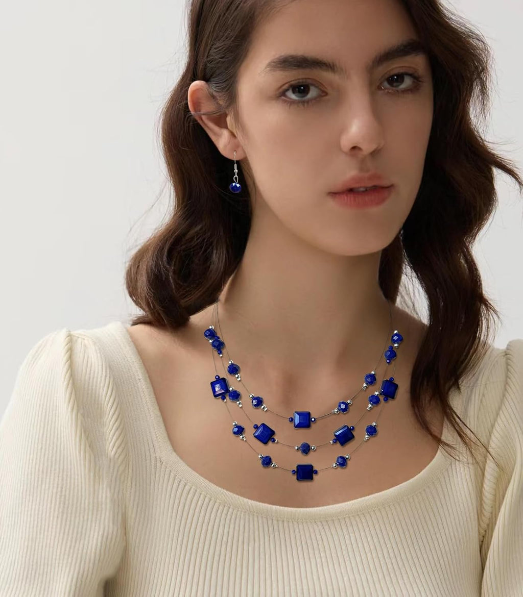 Layered Silver Beaded Necklace for Women Square Crystal Beads Statement Collar Necklace and Earrings Fashion Costumes