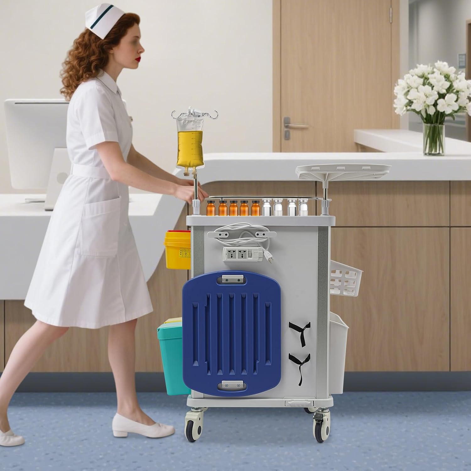 Rolling Crash Cart with Drawers & Adjustable IV Pole, Silent Casters, Needle Disposal Holder, Trash Bin, O2 Holder