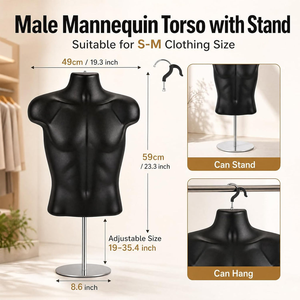 2 Pack Male Mannequin Torso Half Body Mannequin with Stand and Hanging Hook Stackable Dress Form Hollow Back for