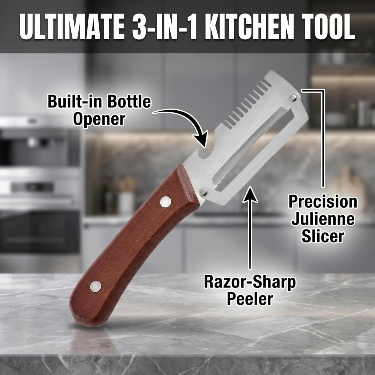 2 in 1 Fruit and Vegetable Peeler, Glide Edge Stainless Steel Vegetable Peeler with Wood Handle & Built-In Bottle