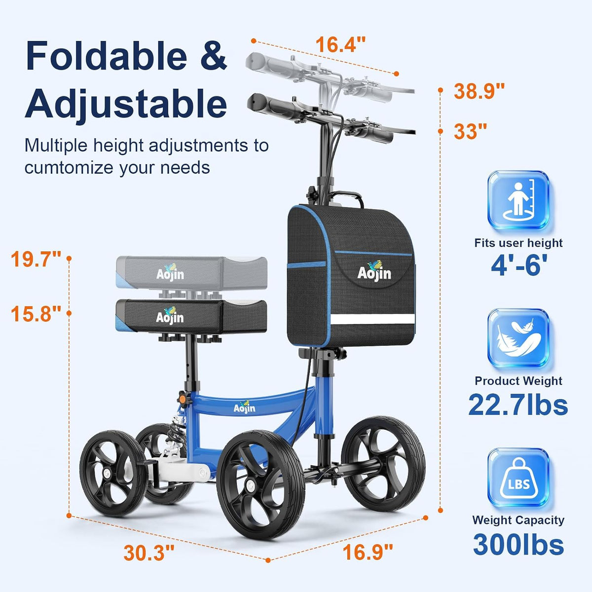 Knee Scooter for Adults for Foot Injuries, Storage Bag, 8'' Wheels