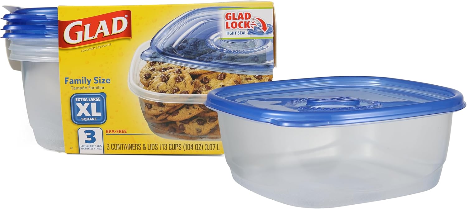GladWare XL Square Food Storage Containers with Lock Tight Lids, BPA-Free Family Size Plastic Containers for