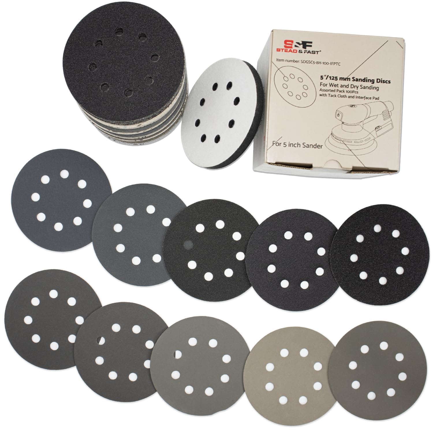 5 inch Wet Dry Sanding Discs Hook&Loop 100 pcs | 80 180 220 400 600 800 1000 1500 2000 3000 Grit Silicon Carbide