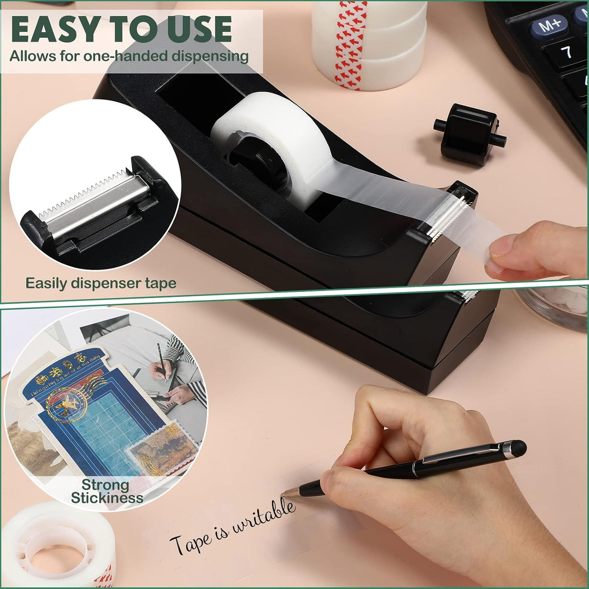 6 Pack Tape Dispenser Desk Bulk with 24 Rolls, Replacement Cores