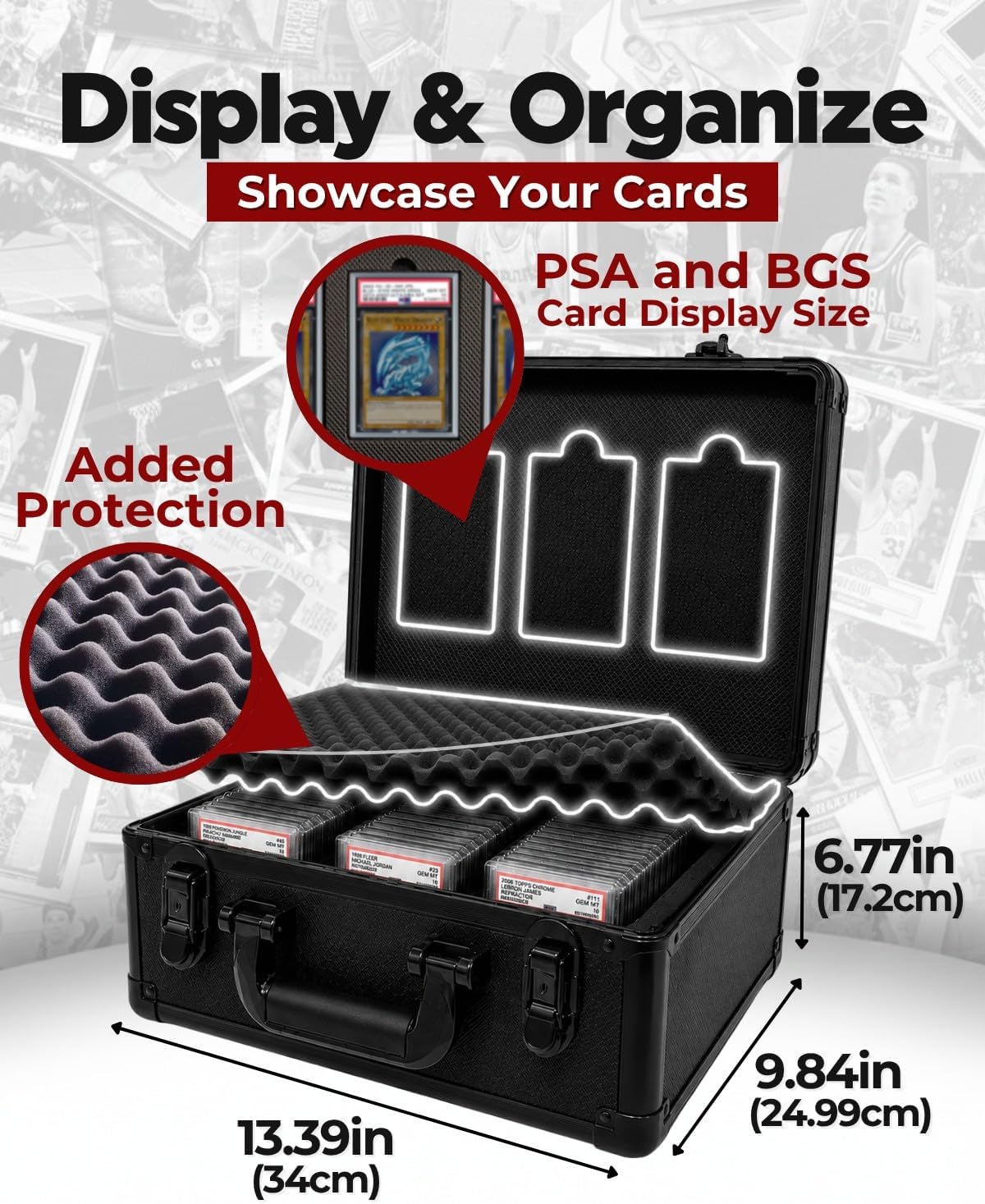 3-Row Graded Card Case - Graded Card Storage Box with Combination Lock | PSA slab case with lid display and 6 foam