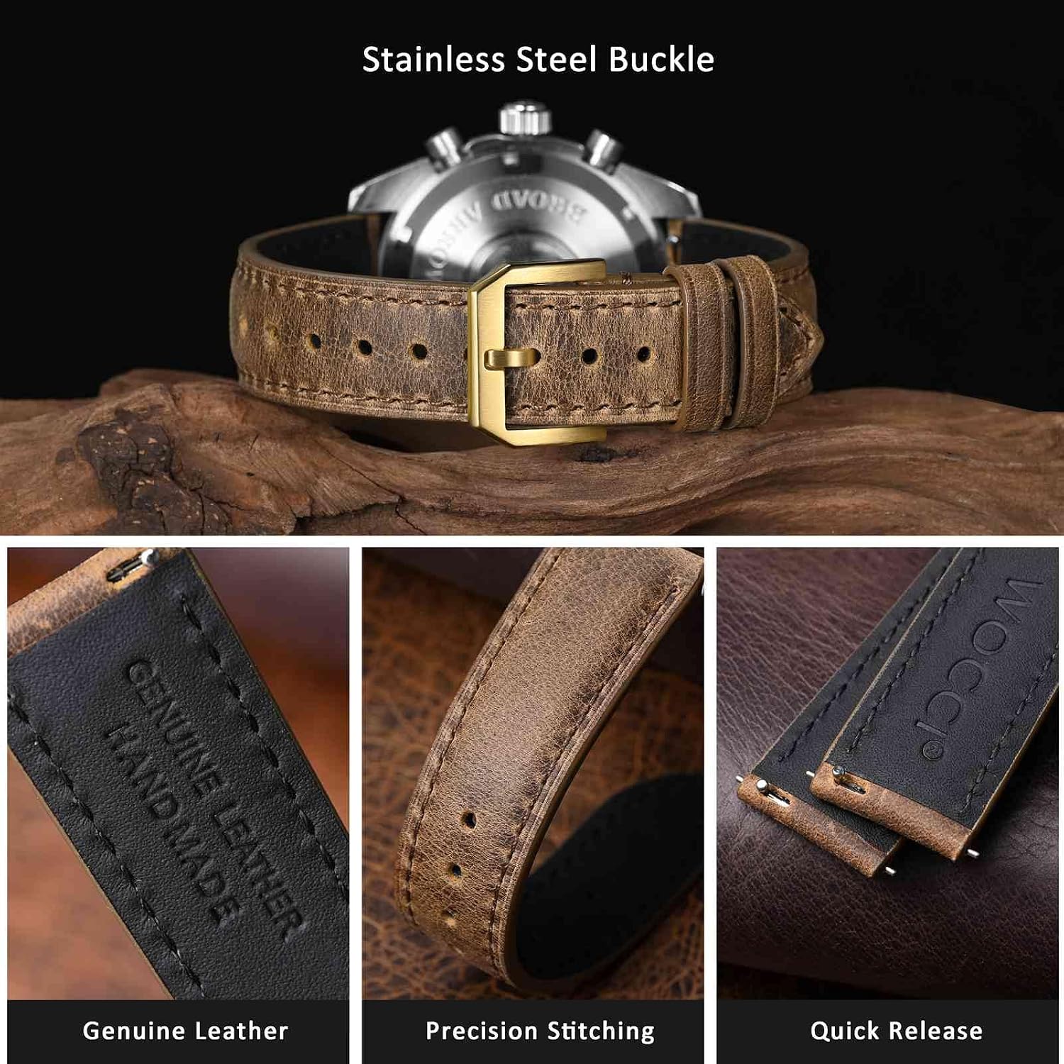 Watch Band, Genuine Leather, Dark Lining Leather, Quick Release, Strap Width 18mm 20mm 22mm