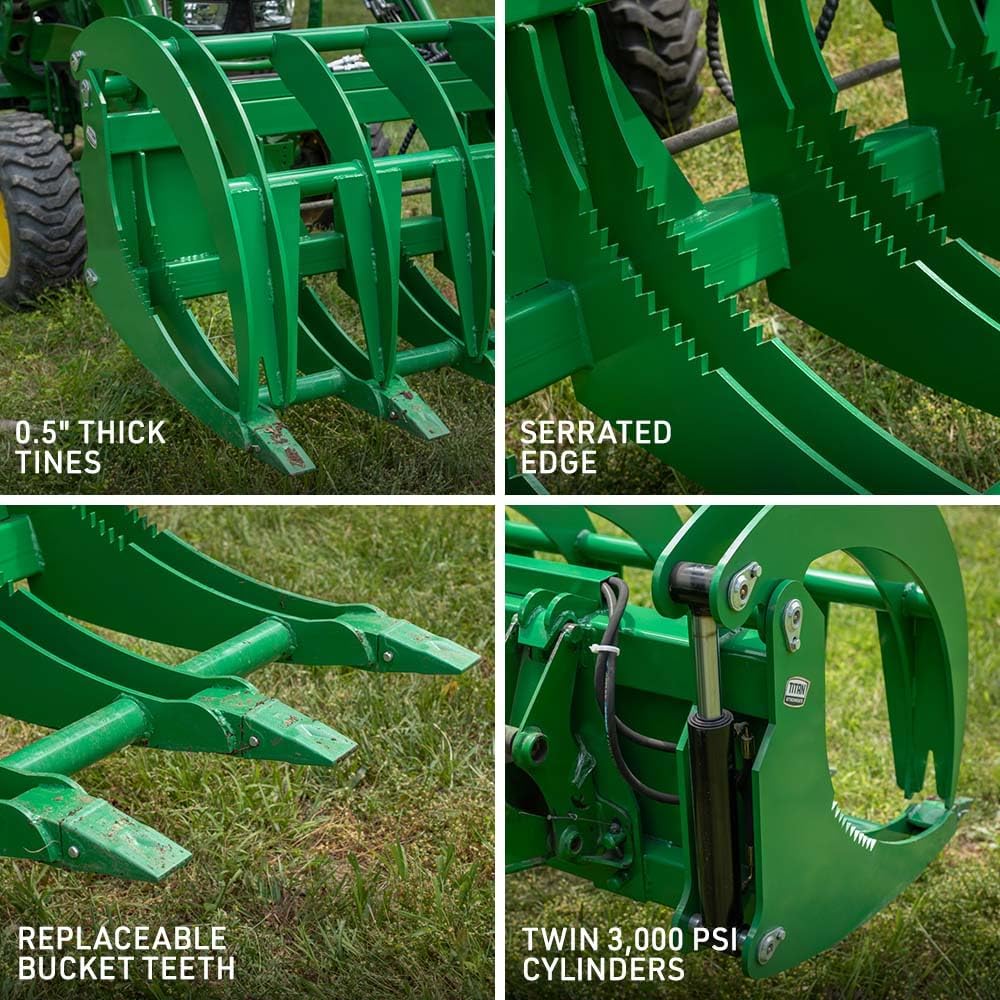 72" HD Root Grapple Rake Attachment, Fits John Deere Hook & Pin Tractors, Twin 3,000 PSI Cylinders, Clears Rocks